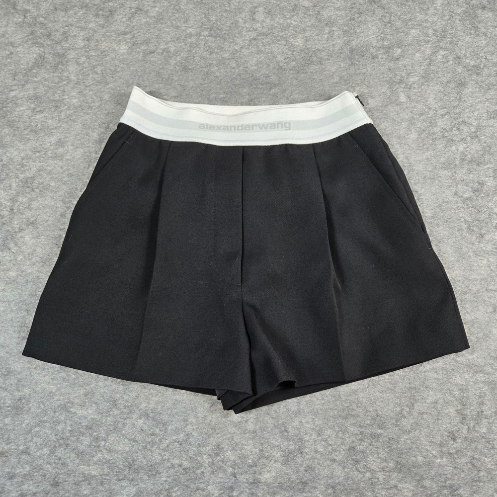 Alexander Wang Women Black Logo Elastic High Waisted Pleated Wool Shorts Size 0